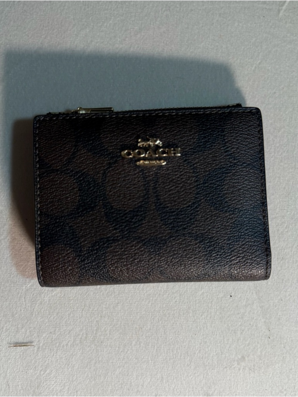 Coach Brown Signature Compact Wallet with Gold Logo